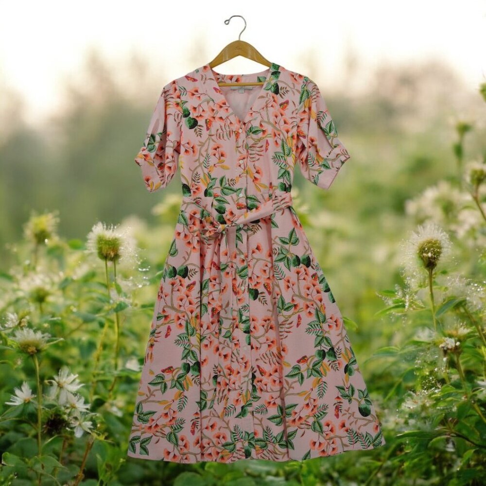 Loft Floral Eucalyptus Dress S2‎ Button Front waist tie Flawless Condition